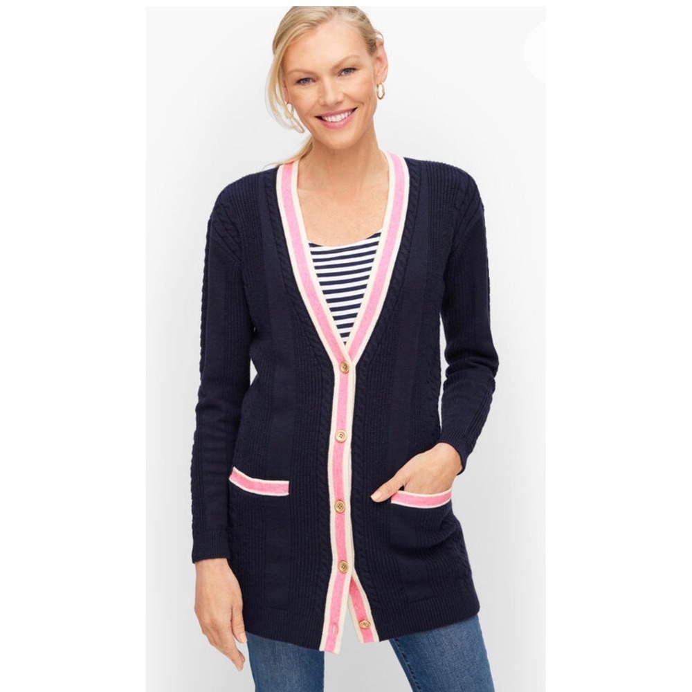 Talbots cable knit tipped Cardigan Sz 2X NWT Navy Pink‎ - Picture 8 of 8